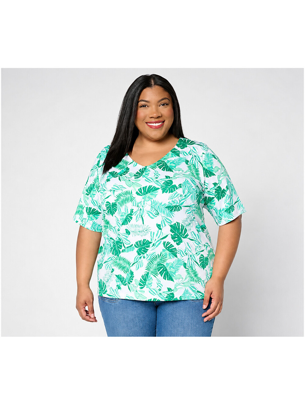 Susan Graver Printed Butterknit V-Neck Elbow Sleeve Top Green/Mist, Large